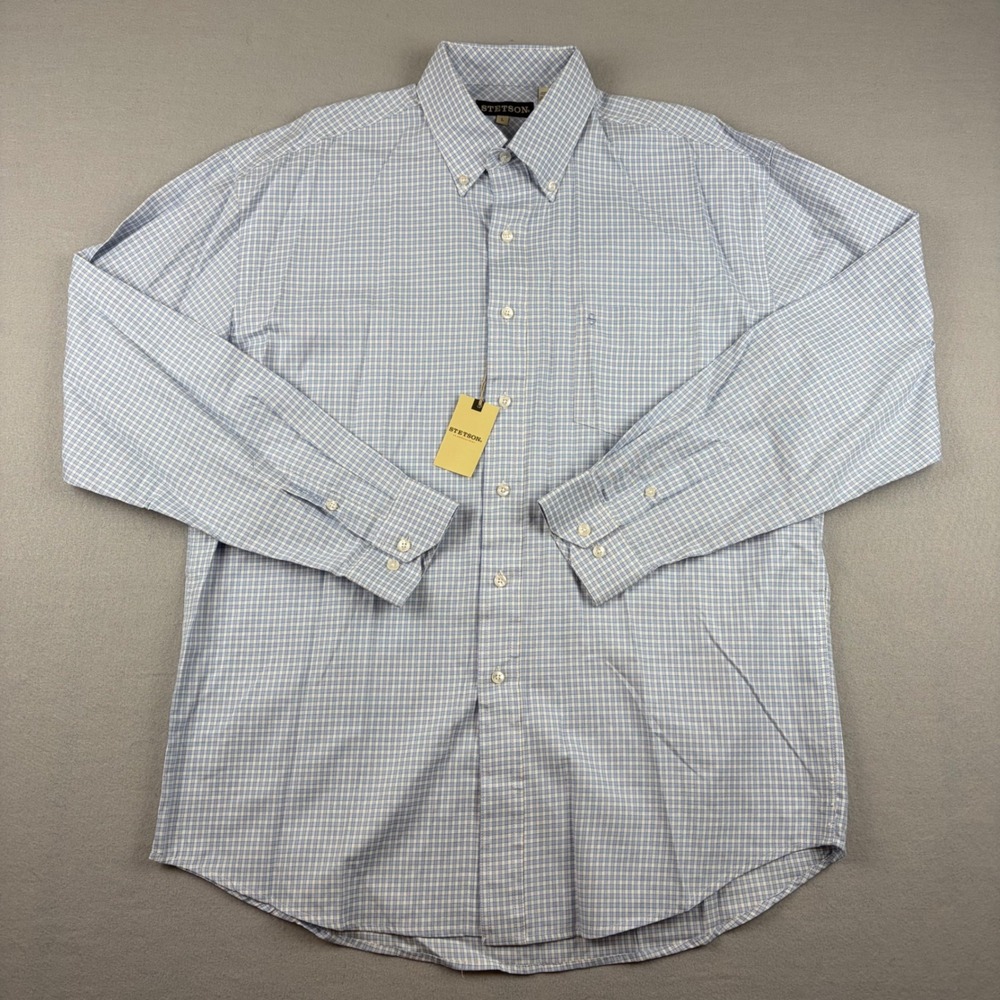 Stetson Mens Large 100% Cotton Western Blue Button Down Long Sleeve Shirt